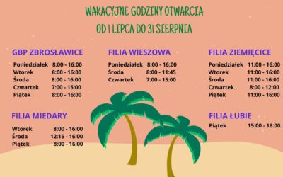 Wakacyjne godziny otwarcia GBP w Zbrosławicach oraz jej filii!