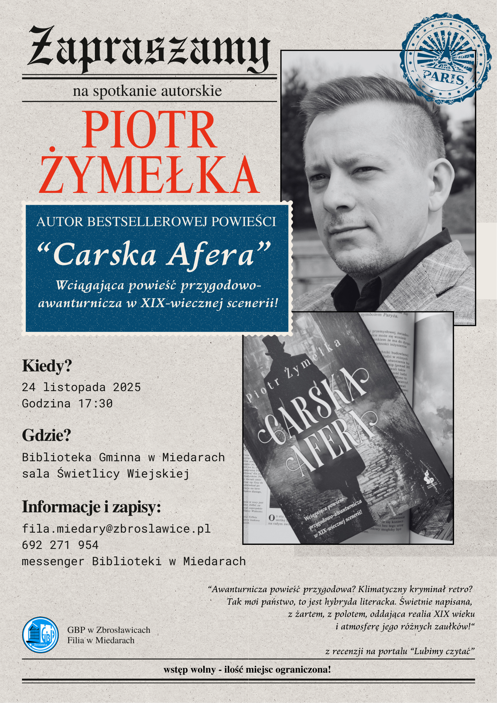 Spotkanie autorskie – Piotr Żymełka – Filia Miedary